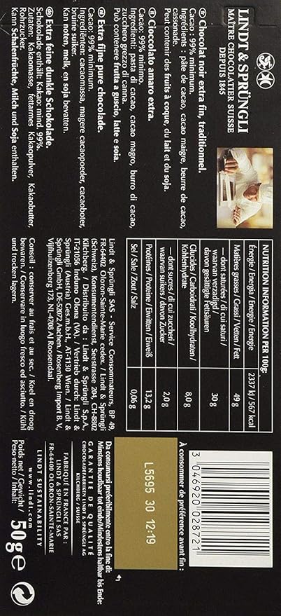 Lindt Excellence Intense Dark 99% Cocao Chocolate Bar